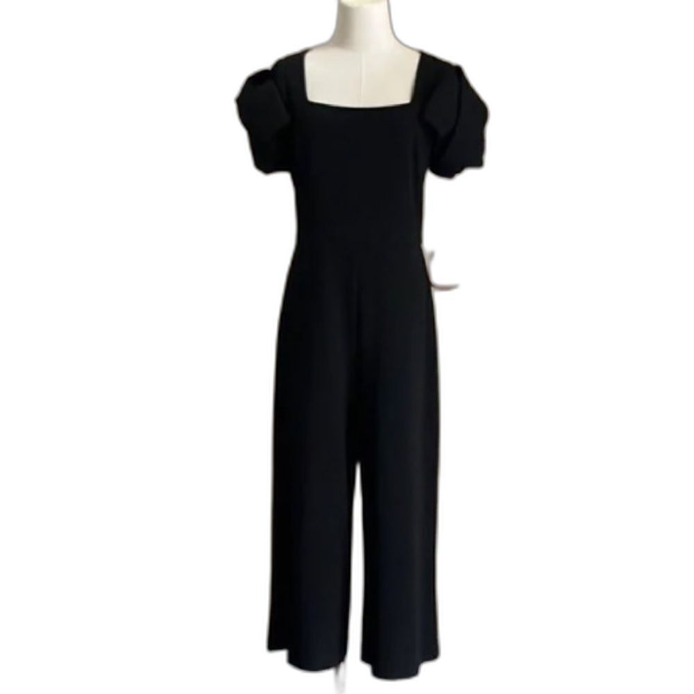 Belle Badgley Mishka Black Jumpsuit Size 12 Cropped Wide Leg Short Puff Sleeves